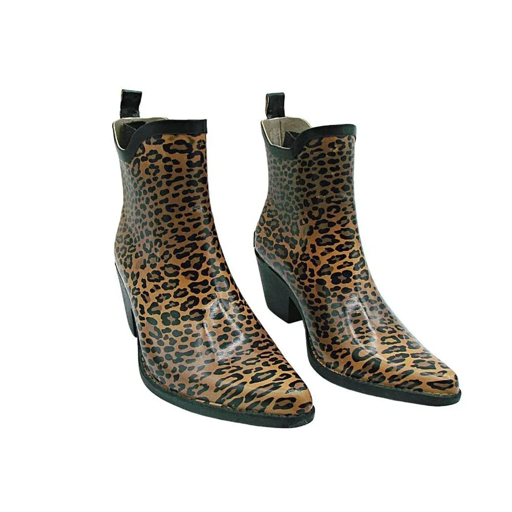 CORKYS Womens Girls Black Brown Leopard Print Cowgirl Ankle Rainboots Size US 5
